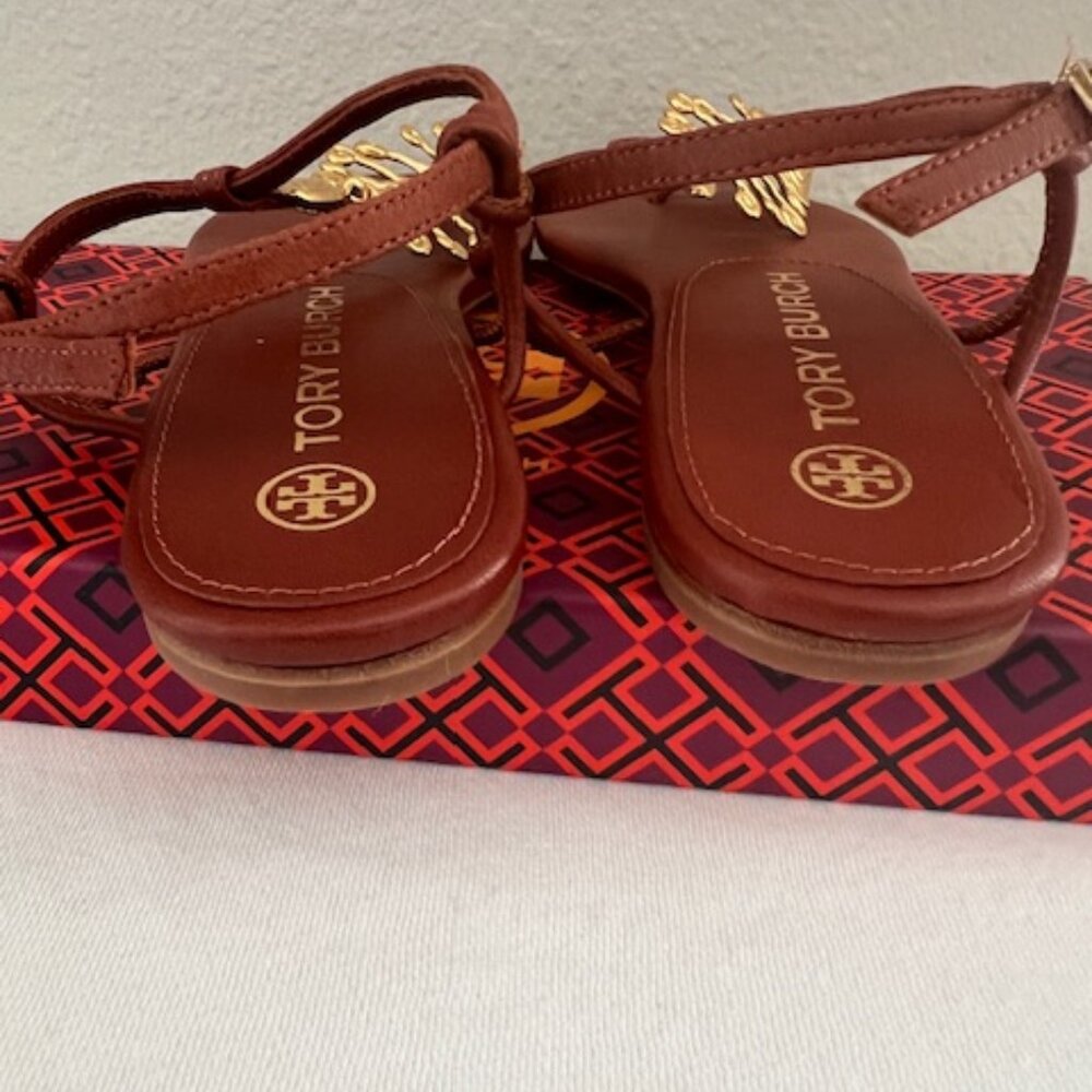 Tory Burch Brown Leather T-Strap Sandals with Gold Hardware - Picture 9 of 11